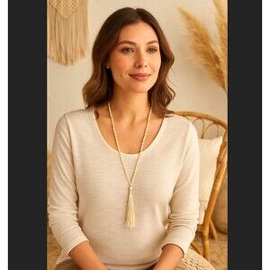 J. Jill Beaded Tassel Necklace Freshwater Pearl Baroque Ivory Cord 26" Boho NWT